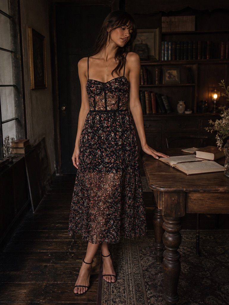 Allen Schwartz Eden Bustier Midi Dress Whimsigoth Cottage Goth Romantic Garden